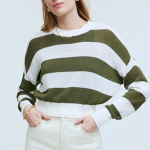 Madewell Loose-Knit Crewneck Sweater in Ivory green stripe‎ size XS NWT NO963